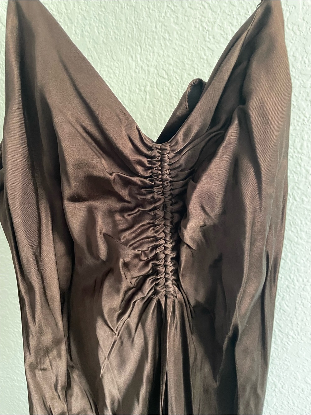 Zara Backless Satin Ruched V-Neck Dress - Brown